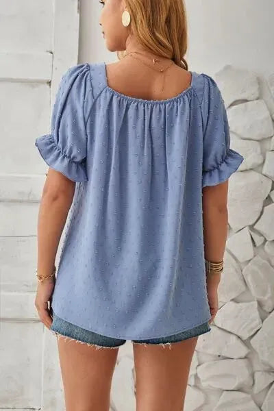 Swiss Dot Smocked Square Neck Short Sleeve T-Shirt Women's T-Shirts - Tophatter Daily Deals